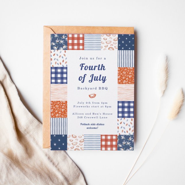 Invitation Patchwork 4 juillet BBQ (Red, white, and patriotic! A patchwork invitation of Fourth of July favorites.)