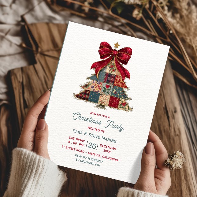 Invitation Patchwork Chic Rouge avec Nœud pour Fête de Noël (Créateur téléchargé)