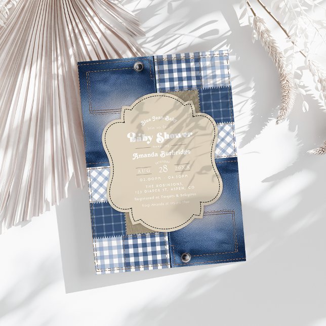 Invitation Patchwork en Denim Chic Campagnard Baby Shower en  (Denim Patchwork Rustic Chic Blue Jean Baby Shower Invitation)