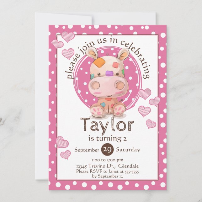 Invitation Patchwork Hippo enfant's rose anniversaire (Devant)