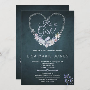 Invitation Patel fleurit coeur couronne bleu marine baby show