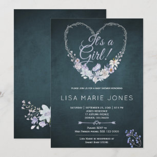Invitation Patel fleurs couronne de cœur bleu marine baby sho
