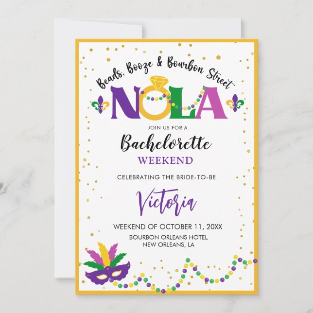 INVITATION PÂTES, BOOZE ET BOURBON STREET NOLA BACHELORETTE (Devant)