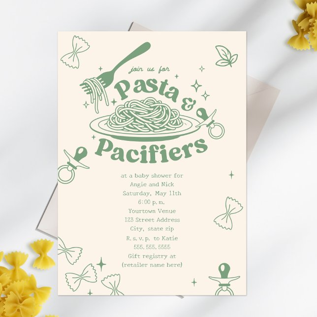 Invitation Pâtes & Pacificateurs Baby shower vert Doodsage (Créateur téléchargé)