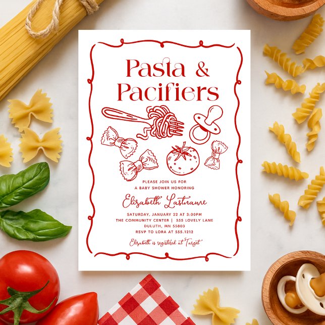 Invitation Pâtes & Tétines Baby-Shower Italien Dessiné à la M (Pasta & Pacifiers Red Hand Drawn Pasta Baby Shower Invitation)