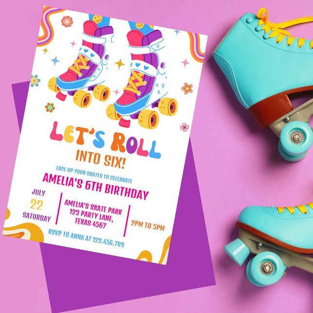 Invitation Patin à roulettes Anniversaire Fille Let's Roll  (Groovy retro roller skate birthday invitation with colorful  retro party vibes for girls)