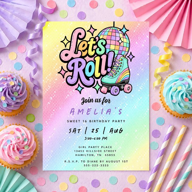 Invitation Patin à roulettes boule disco Fête d'anniversaire  (Disco Ball Roller Skate Sweet 16 Birthday Party Invitation)