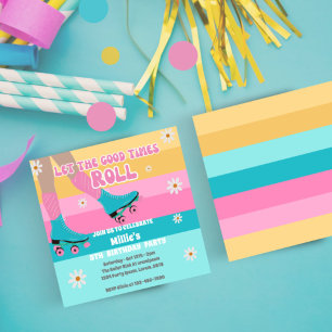 Invitation Patin à roulettes fête d'anniversaire Rétro Arc-en