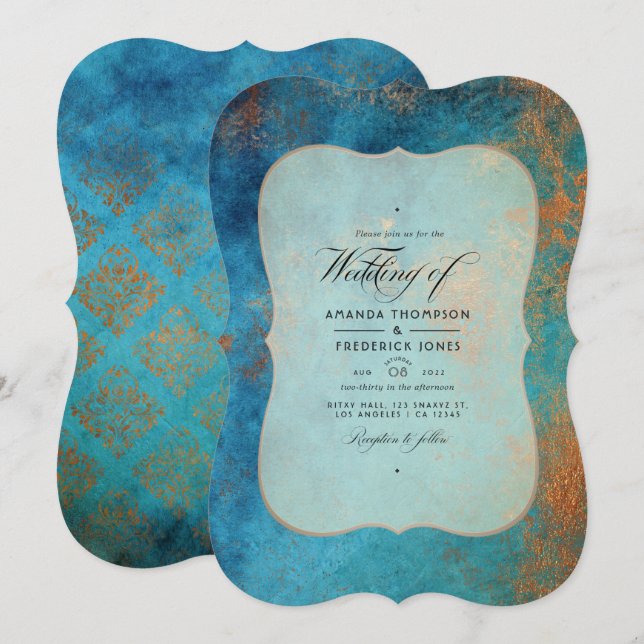 Invitation Patina en cuivre de Grunge et Mariage Turquoise (Devant / Derrière)
