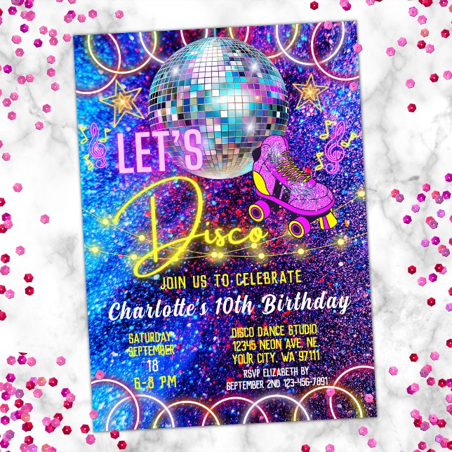 Invitation Patinage à rouleaux Disco brillant Neon rose brill (Créateur téléchargé)