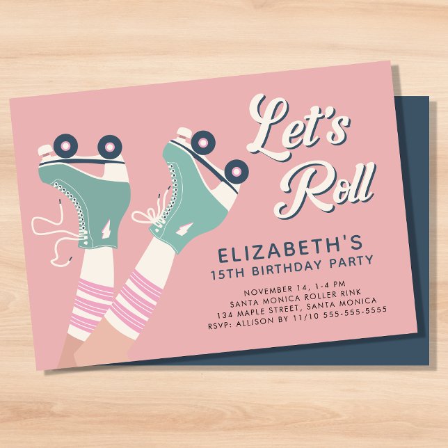 Invitation Patinage à roulettes rétro Anniversaire Pink (A cool roller skating birthday party invitation with a retro vibe)