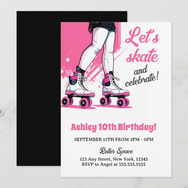 Invitation Patinage à roulettes rose et noir Anniversaire (Devant / Derrière)