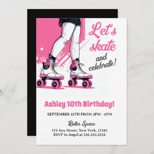 Invitation Patinage à roulettes rose et noir Anniversaire