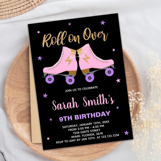 Invitation Patinage de Parties scintillant rose noire Invitat (Black Pink Glitter Skating Birthday Invitations)
