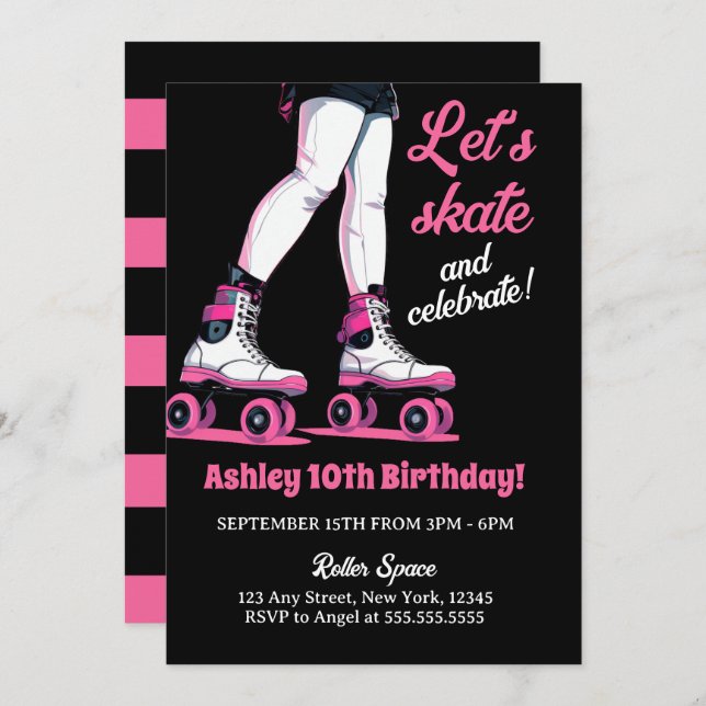 Invitation Patinage en Rollerblade rose et noir Anniversaire (Devant / Derrière)
