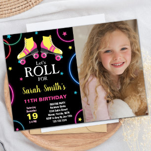 Invitation Patinage rose jaune noir avec photo Anniversaire