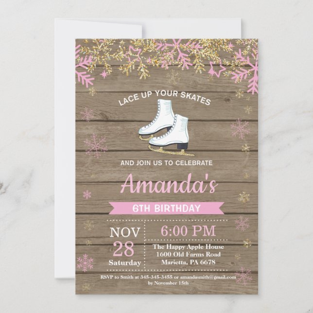 Invitation Patinage sur glace Anniversaire Fête Patinage rose (Devant)