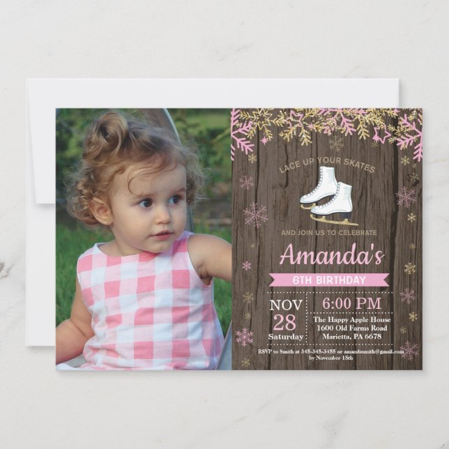 Invitation Patinage sur glace Anniversaire Fête Patinage rose (Devant)