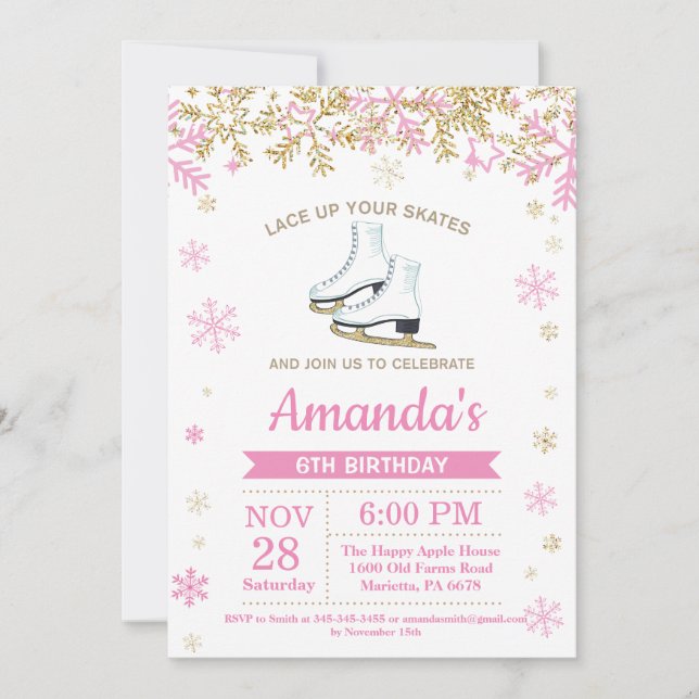 Invitation Patinage sur glace Anniversaire Fête Patinage rose (Devant)