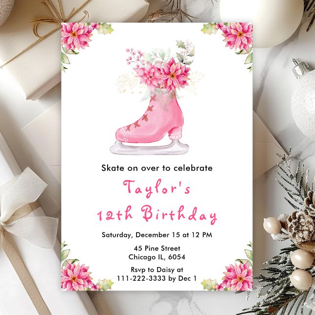 Invitation Patinage sur glace Anniversaire fête rose (Créateur téléchargé)