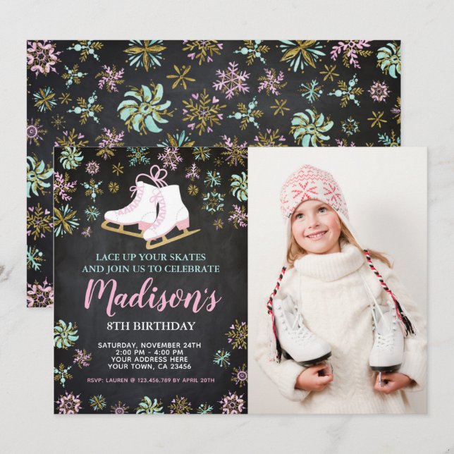 Invitation Patinage sur glace, Pays merveilleux d'hiver avec  (Devant / Derrière)
