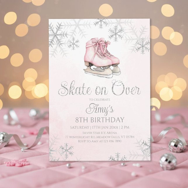 Invitation Patinage sur glace rose paillettes argent flocon d (Créateur téléchargé)