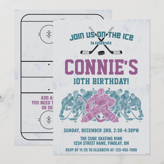 Invitation Patinoire de hockey sur glace fête d'anniversaire, (Devant / Derrière)