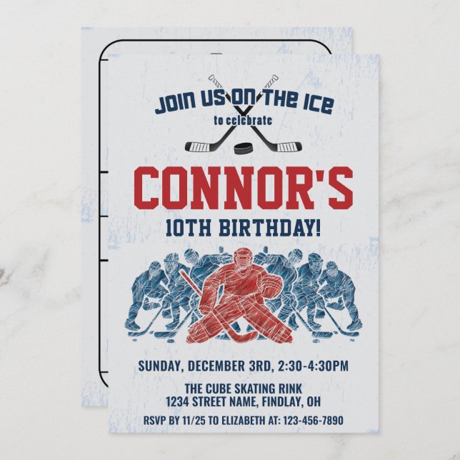 Invitation Patinoire de hockey sur glace fête d'anniversaire, (Devant / Derrière)