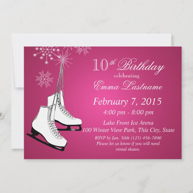 Invitation Patins à glace et flocons de neige rose Anniversai (Devant)