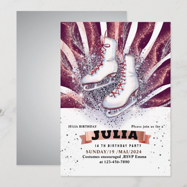 Invitation patins à glace patinage argent brillant violet vio (Devant / Derrière)