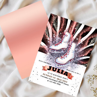 Invitation patins à glace patinage argent rose brillant noir