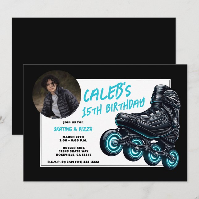 Invitation Patins à roulettes noirs avec roues bleues lumineu (Devant / Derrière)