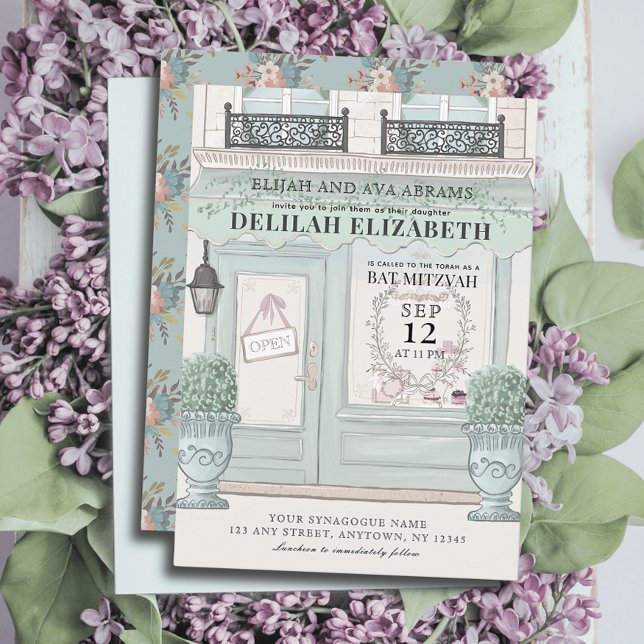 Invitation pâtisserie française QR Green Bat mitzvah (Créateur téléchargé)