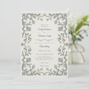 Invitation Patrimoine Mariage Edwardien à motif floral bleu