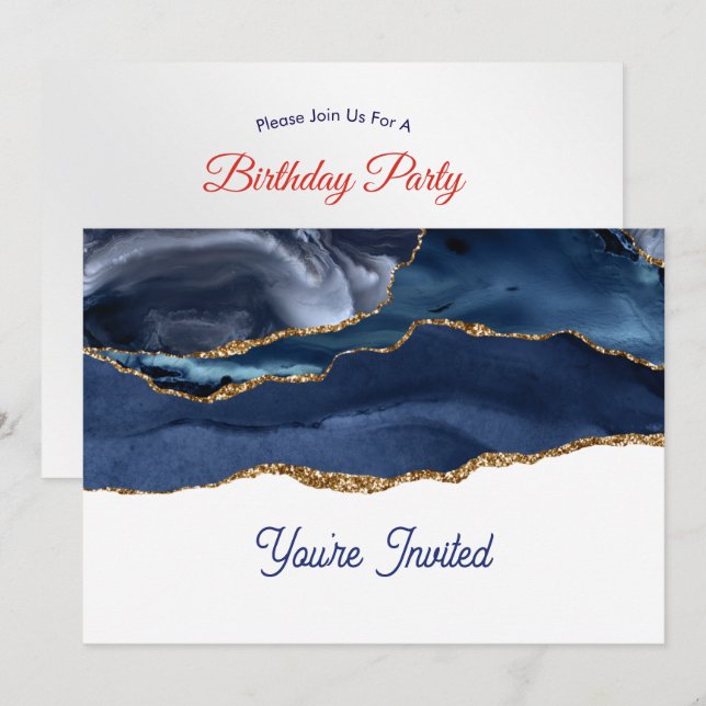Invitation Patriotic Blue Gold Agate Birthday (Devant / Derrière)