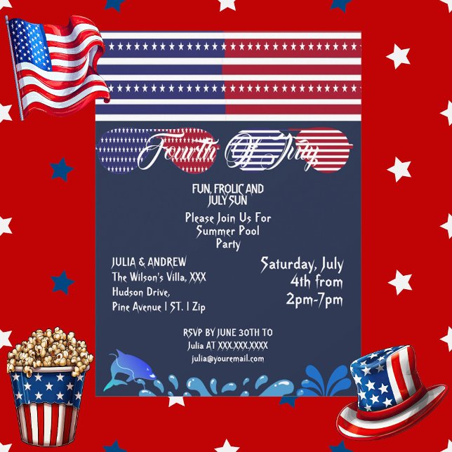 Invitation Patriotic Stars 4 juillet American Flag Pool Party (Patriotic Stars 4th July American Flag Pool Party Invitation)