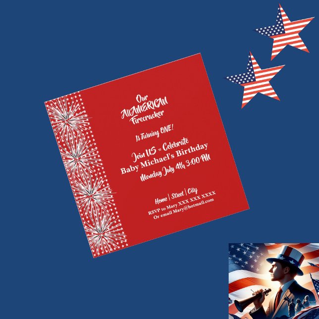 Invitation Patriotique Américain Drapeau Firecracker Annivers (Patriotic American Flag Firecracker Birthday Boy Invitation)