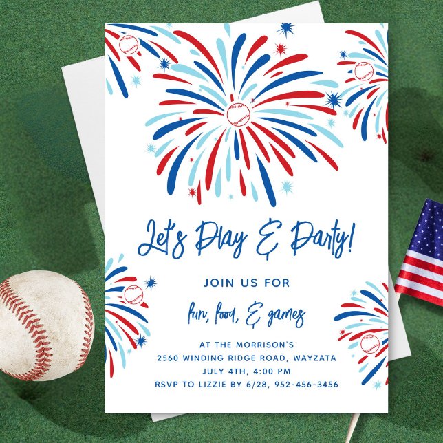 Invitation Patriotique Baseball & Feu d'artifice 4 juillet (Créateur téléchargé)