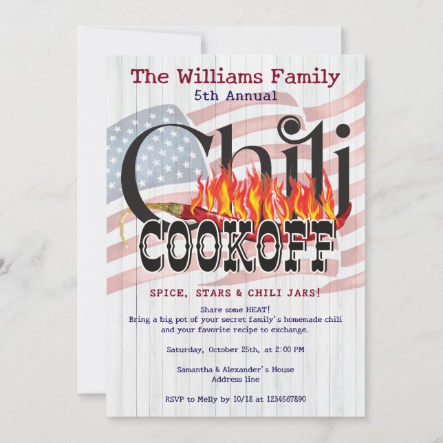 Invitation Patriotique Chili Cookoff Rustic Flag Fall Party (Devant)
