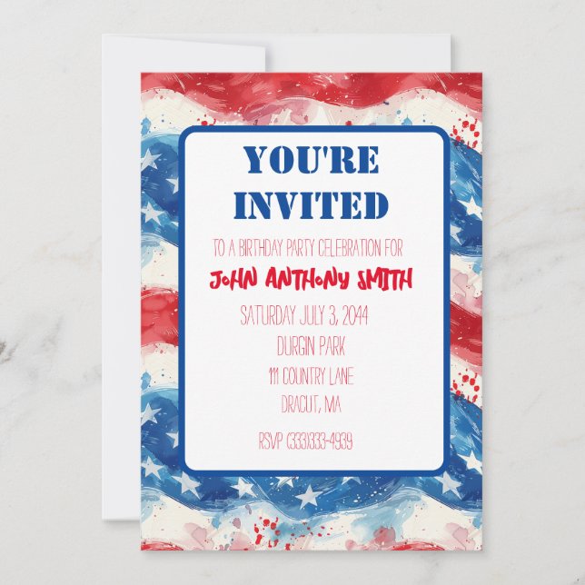 Invitation patriotique d'anniversaire BBQ 14 juill (Devant)