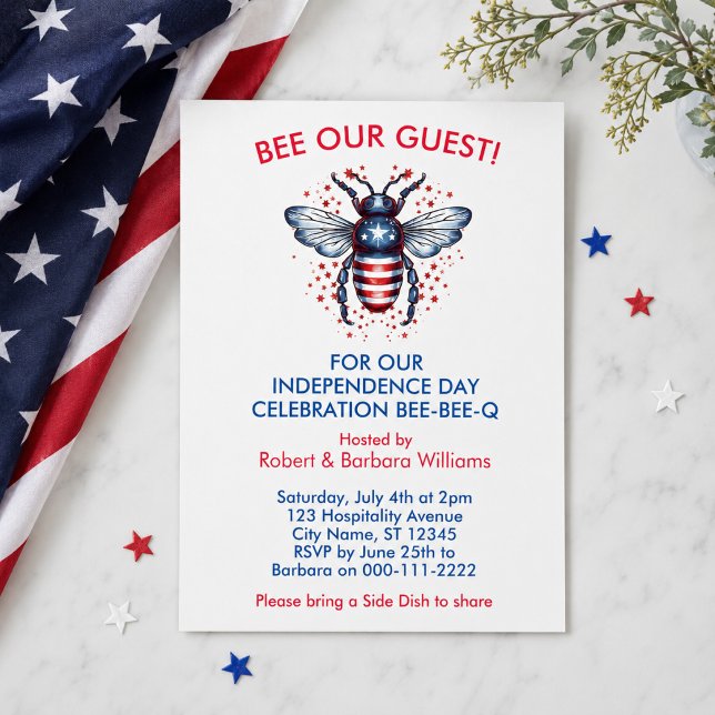 Invitation patriotique de BBQ d'abeille du 4 juill (Add your event details via the template to personalize)