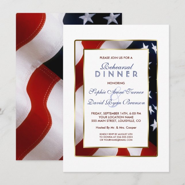 Invitation Patriotique, Élégant Drapeau États-Unis Dîner de r (Devant / Derrière)