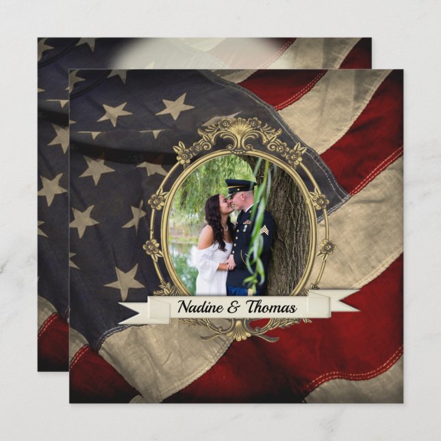 Invitation Patriotique, Elegant USA Mariage drapeau w photo (Devant / Derrière)