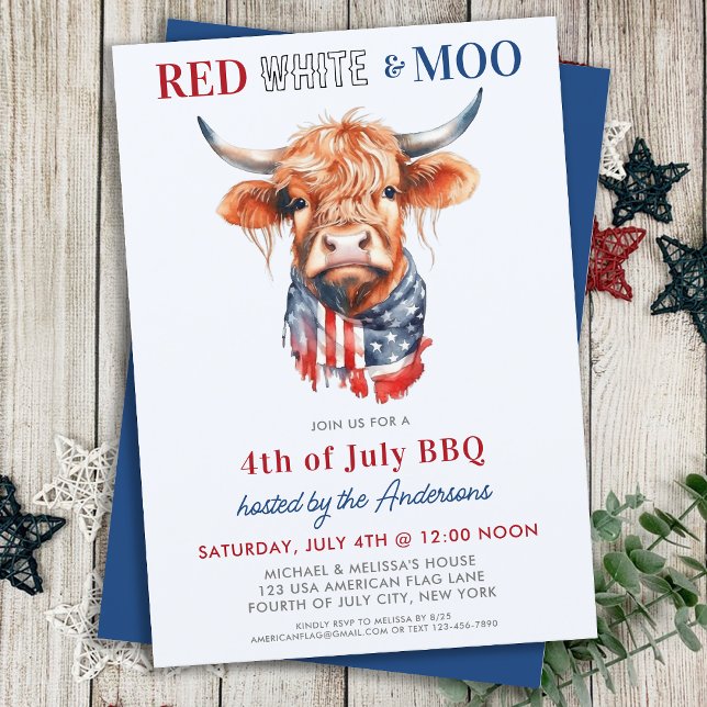 Invitation Patriotique Highland Cow Red White Moo 4 juillet (Créateur téléchargé)