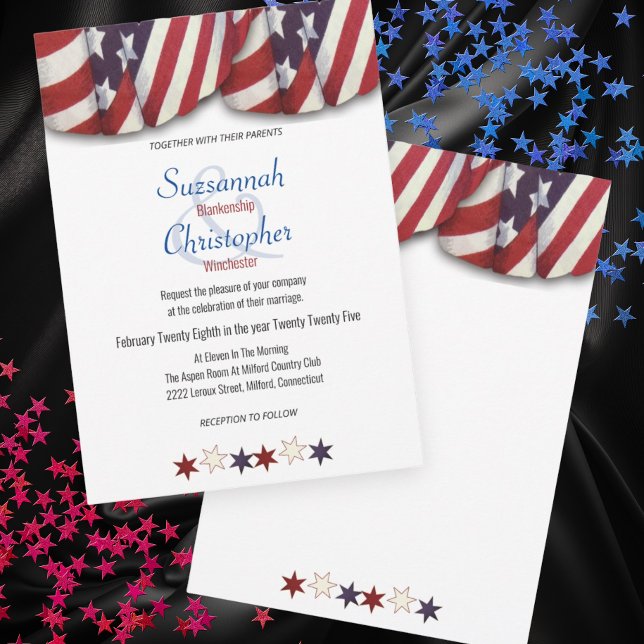 Invitation Patriotique Rouge Bleu Bleu Top Étoiles Bas (front and back view of patriotic wedding invitation)