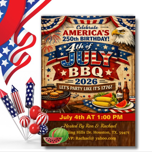 Invitation Patrotic BBQ 4th of July America's 250th  (Créateur téléchargé)