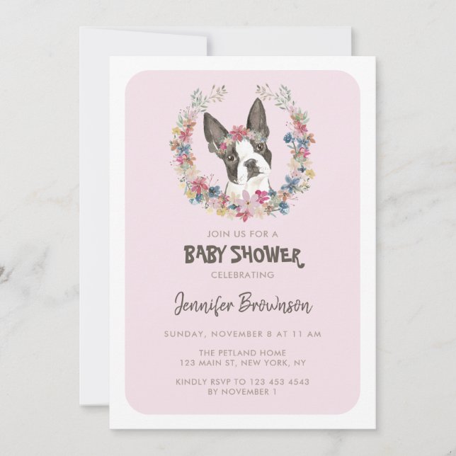 Invitation Pattes de Boston Terrier Cadre Rose Chien (Devant)