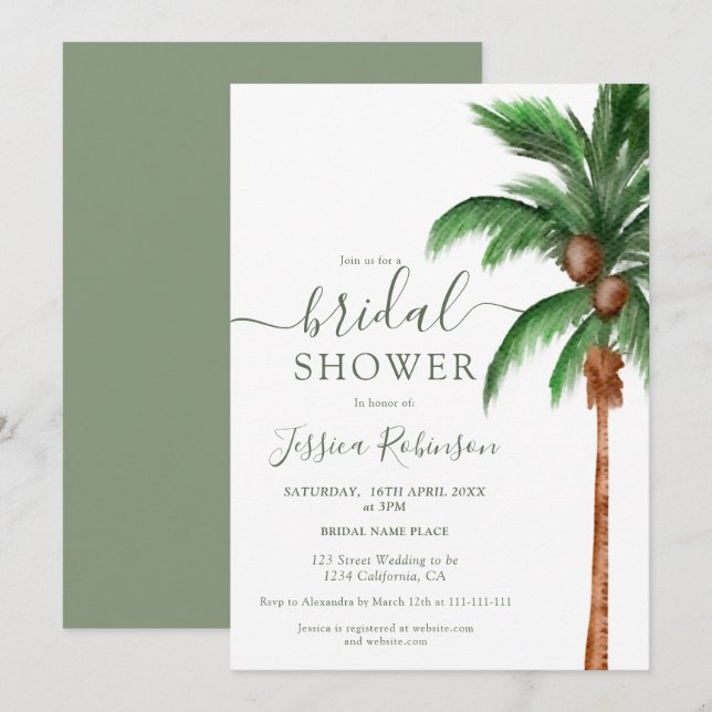 Invitation Paume tropicale aquarelle vert nuptiale (Devant / Derrière)