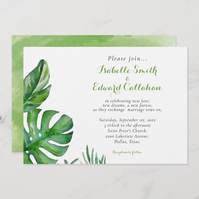 Invitation Paume vert tropicale Feuille Mariage (Devant / Derrière)