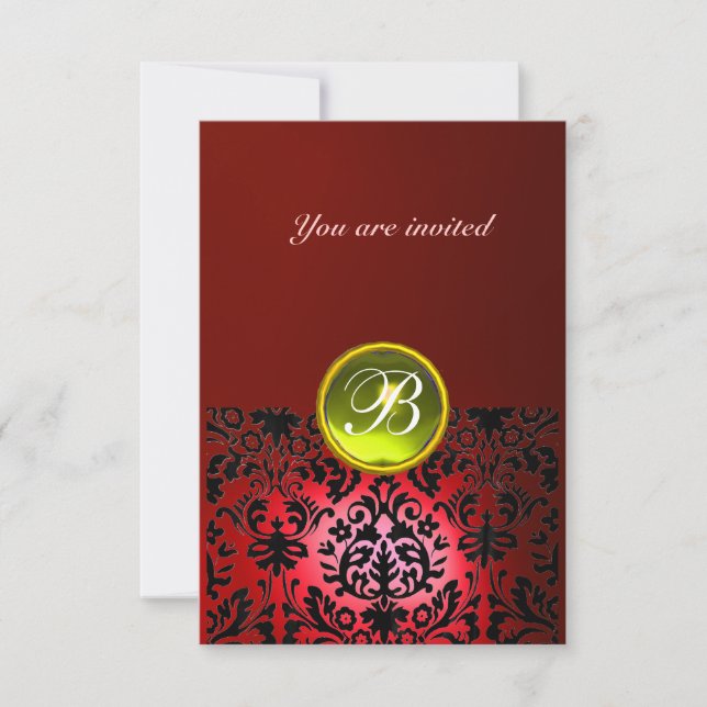 Invitation PAVÉ DE DAMAS MONOGRAMME rouge jaune rsvp (Devant)